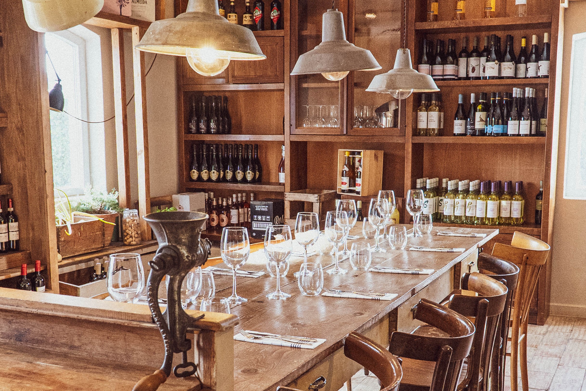 A long wooden table in a wine cellar.